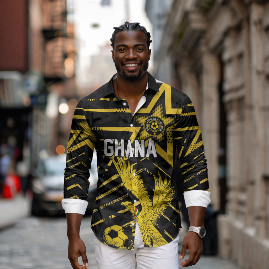 Custom Ghana Football Long Sleeve Button Shirt Golden Black Star Eagle Heritage