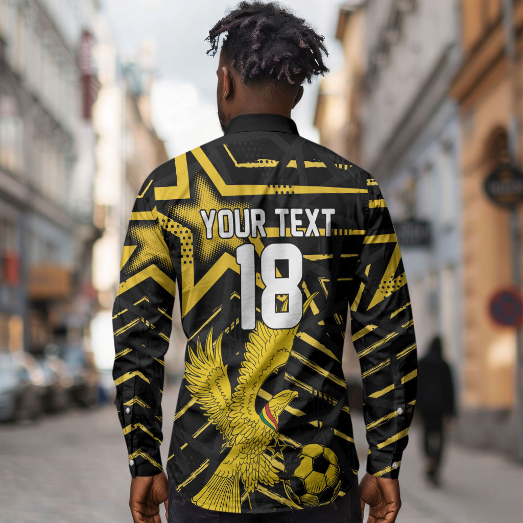 Custom Ghana Football Long Sleeve Button Shirt Golden Black Star Eagle Heritage