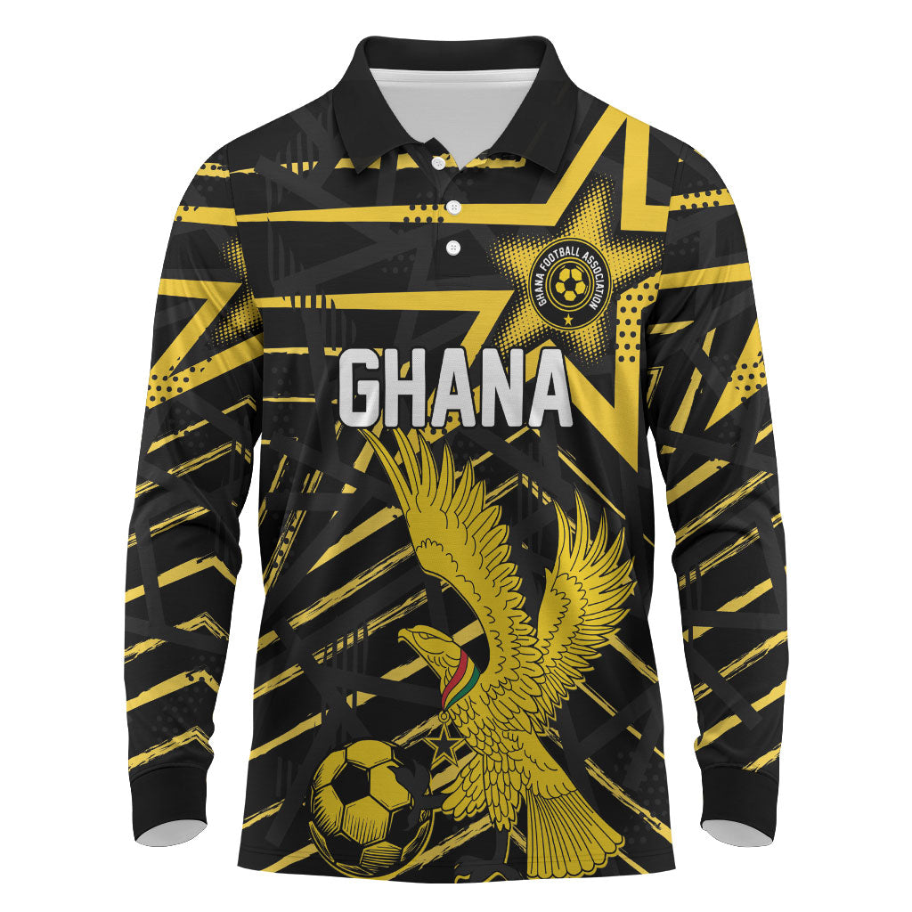 Custom Ghana Football Long Sleeve Polo Shirt Golden Black Star Eagle Heritage
