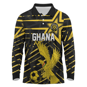 Custom Ghana Football Long Sleeve Polo Shirt Golden Black Star Eagle Heritage