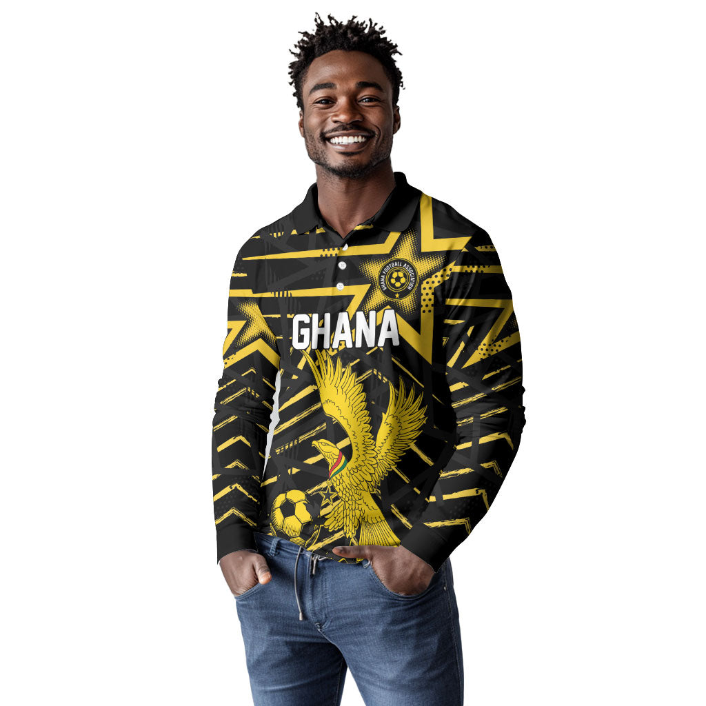 Custom Ghana Football Long Sleeve Polo Shirt Golden Black Star Eagle Heritage