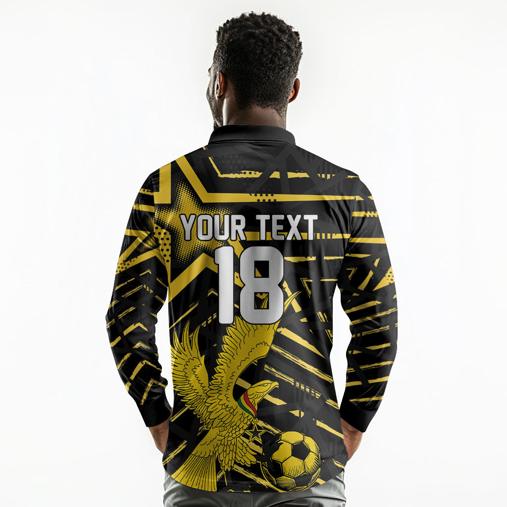 Custom Ghana Football Long Sleeve Polo Shirt Golden Black Star Eagle Heritage