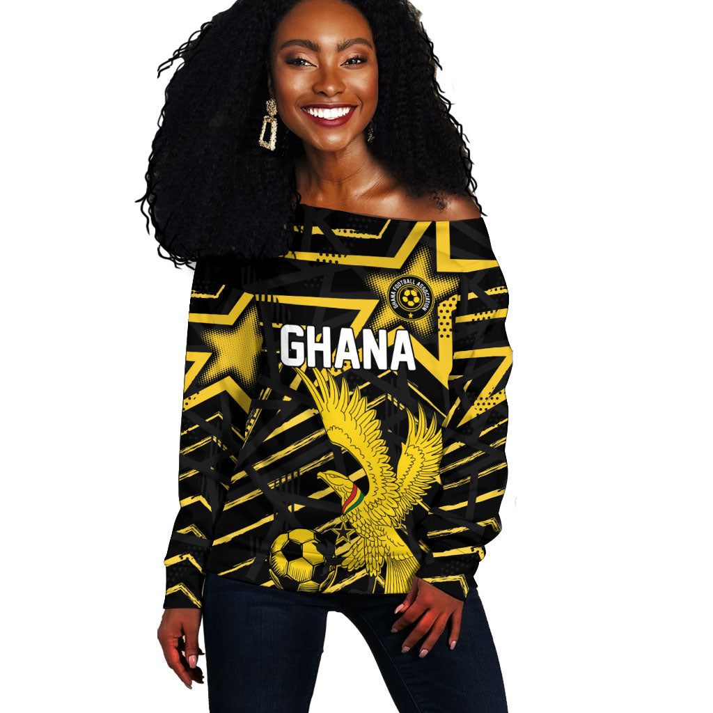 Custom Ghana Football Off Shoulder Sweater Golden Black Star Eagle Heritage