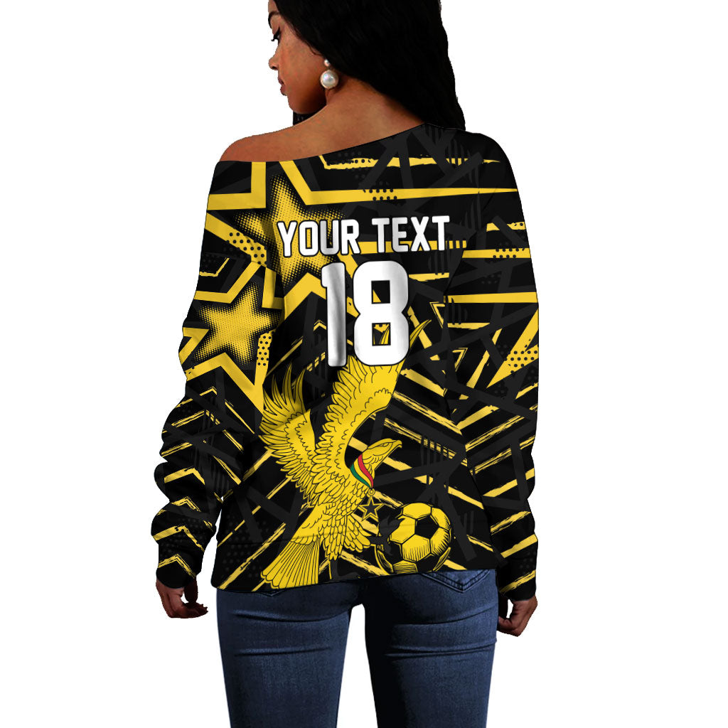 Custom Ghana Football Off Shoulder Sweater Golden Black Star Eagle Heritage