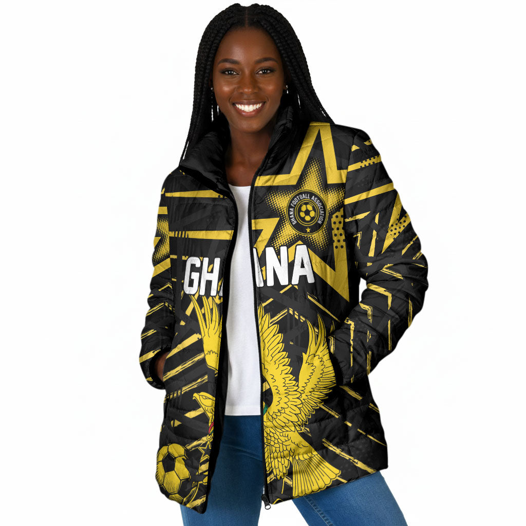 Custom Ghana Football Padded Jacket Golden Black Star Eagle Heritage