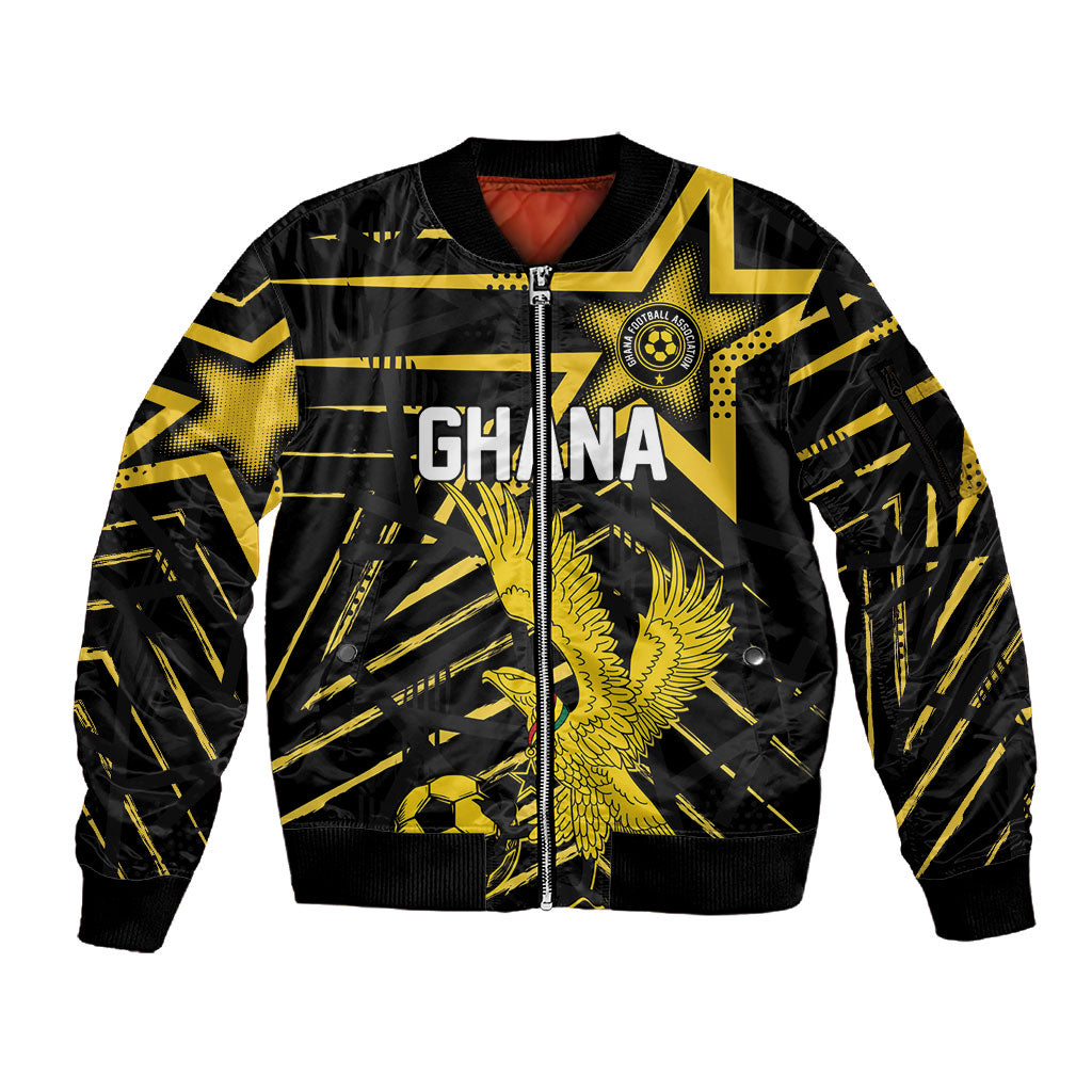 Custom Ghana Football Sleeve Zip Bomber Jacket Golden Black Star Eagle Heritage