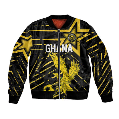 Custom Ghana Football Sleeve Zip Bomber Jacket Golden Black Star Eagle Heritage
