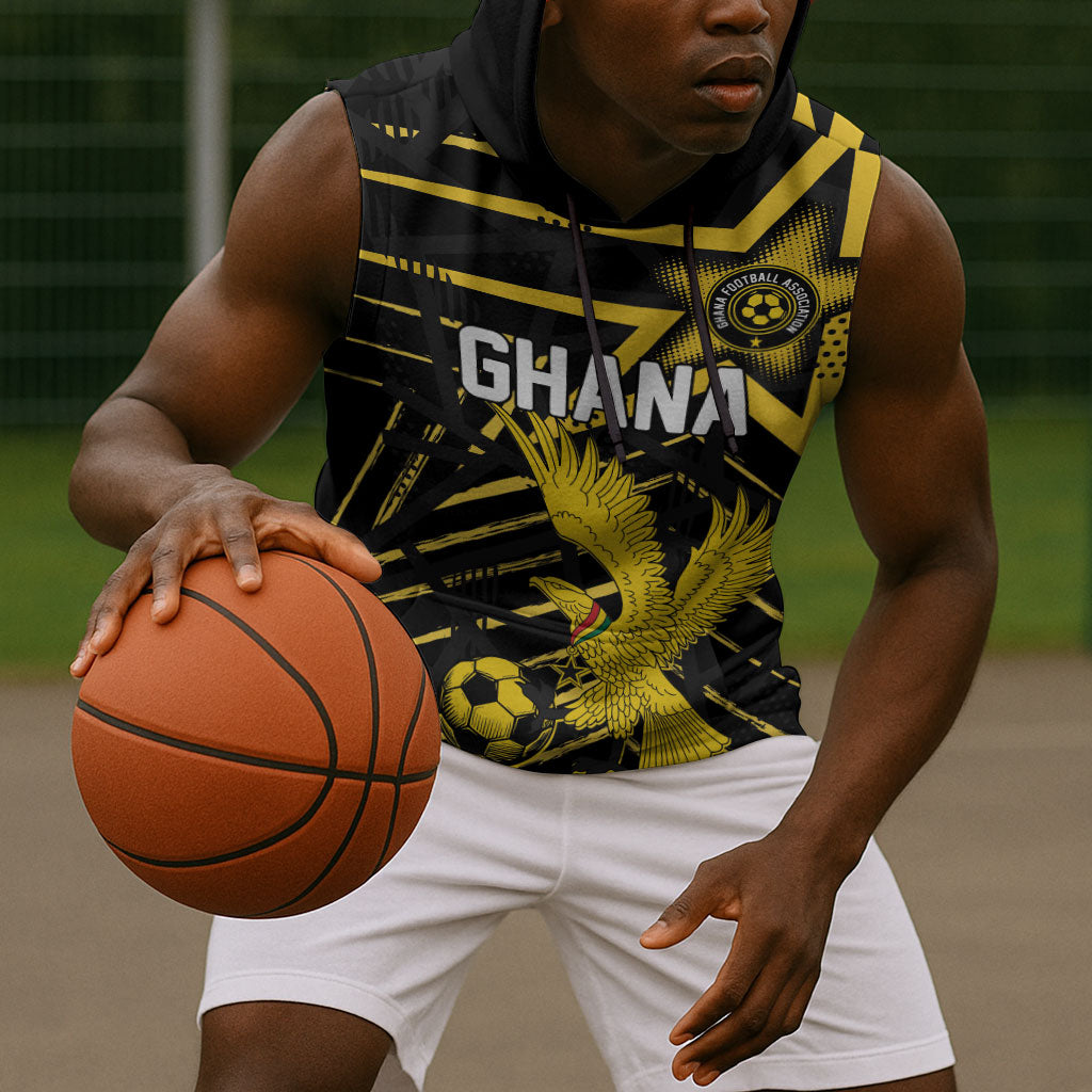 Custom Ghana Football Sleeveless Hoodie Golden Black Star Eagle Heritage