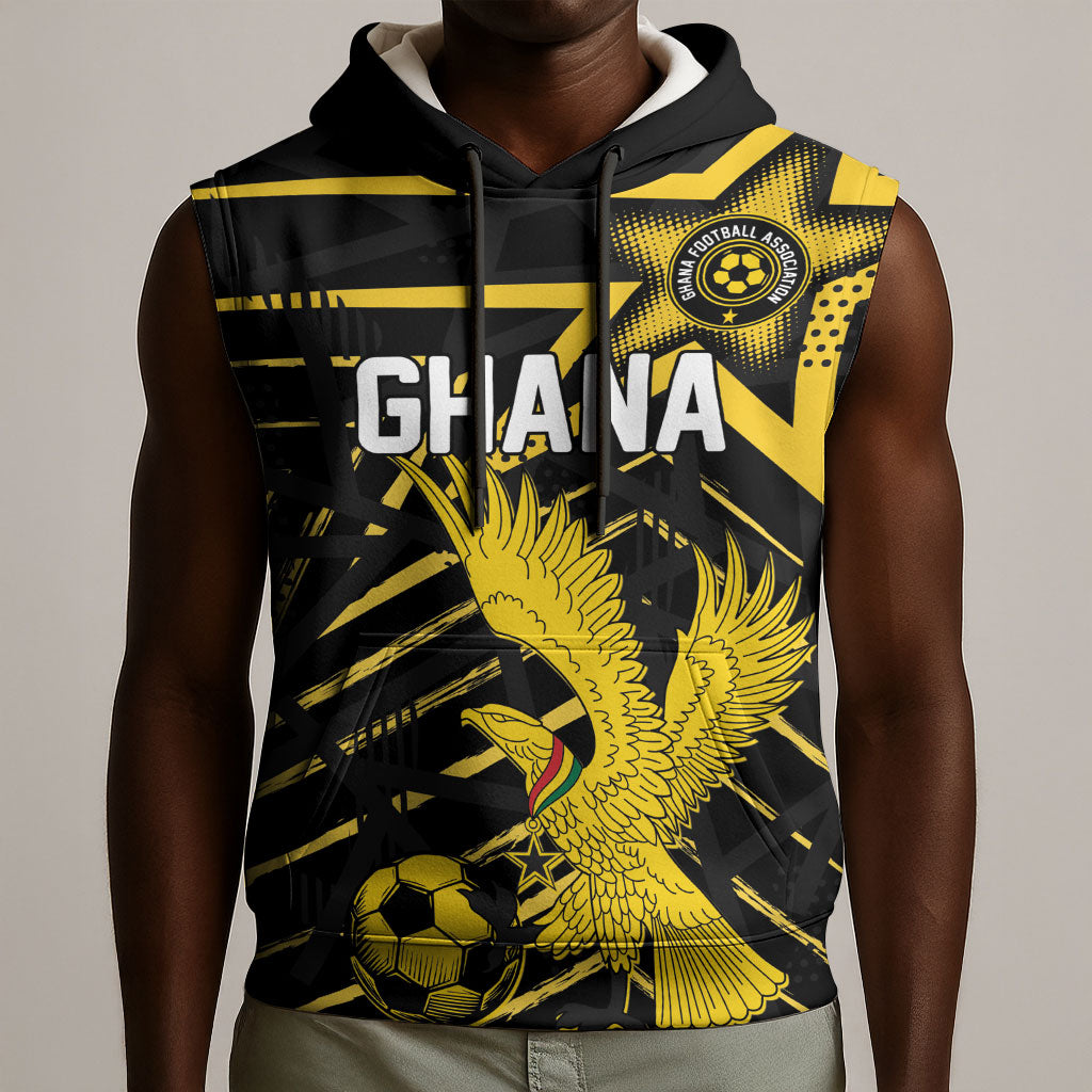 Custom Ghana Football Sleeveless Hoodie Golden Black Star Eagle Heritage