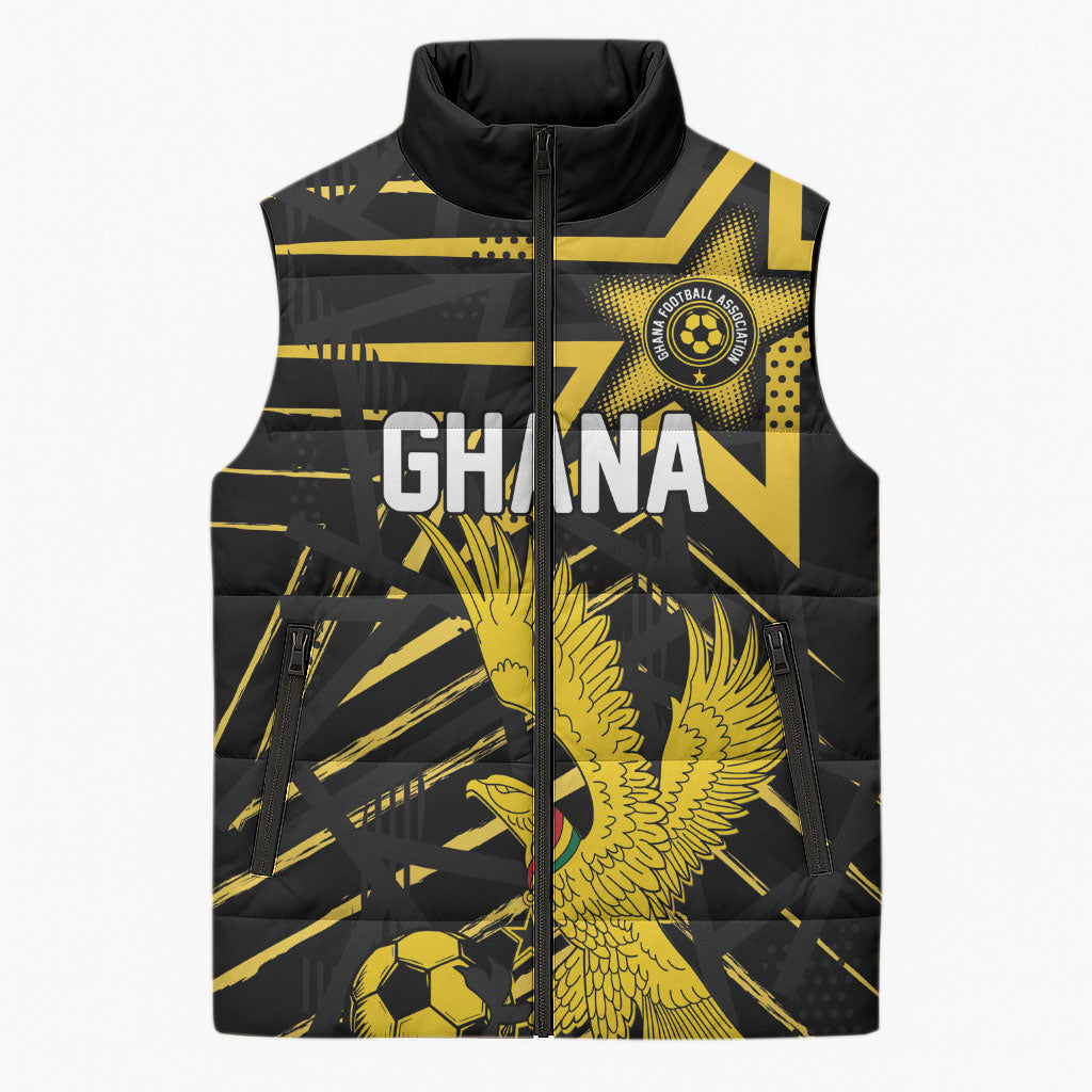 Custom Ghana Football Sleeveless Puffer Jacket Golden Black Star Eagle Heritage