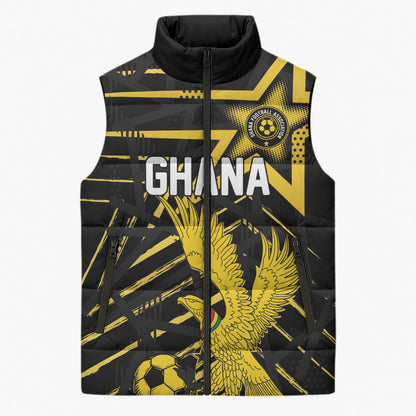 Custom Ghana Football Sleeveless Puffer Jacket Golden Black Star Eagle Heritage
