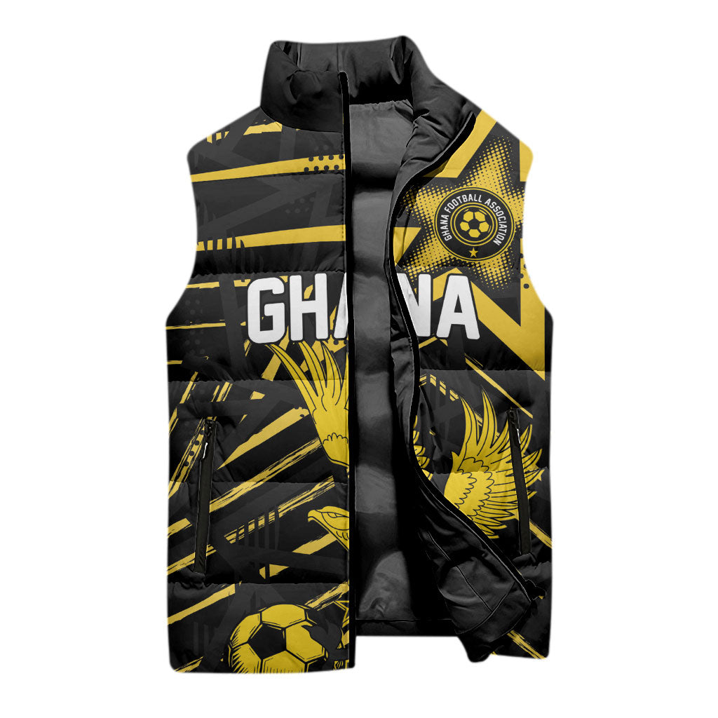 Custom Ghana Football Sleeveless Puffer Jacket Golden Black Star Eagle Heritage