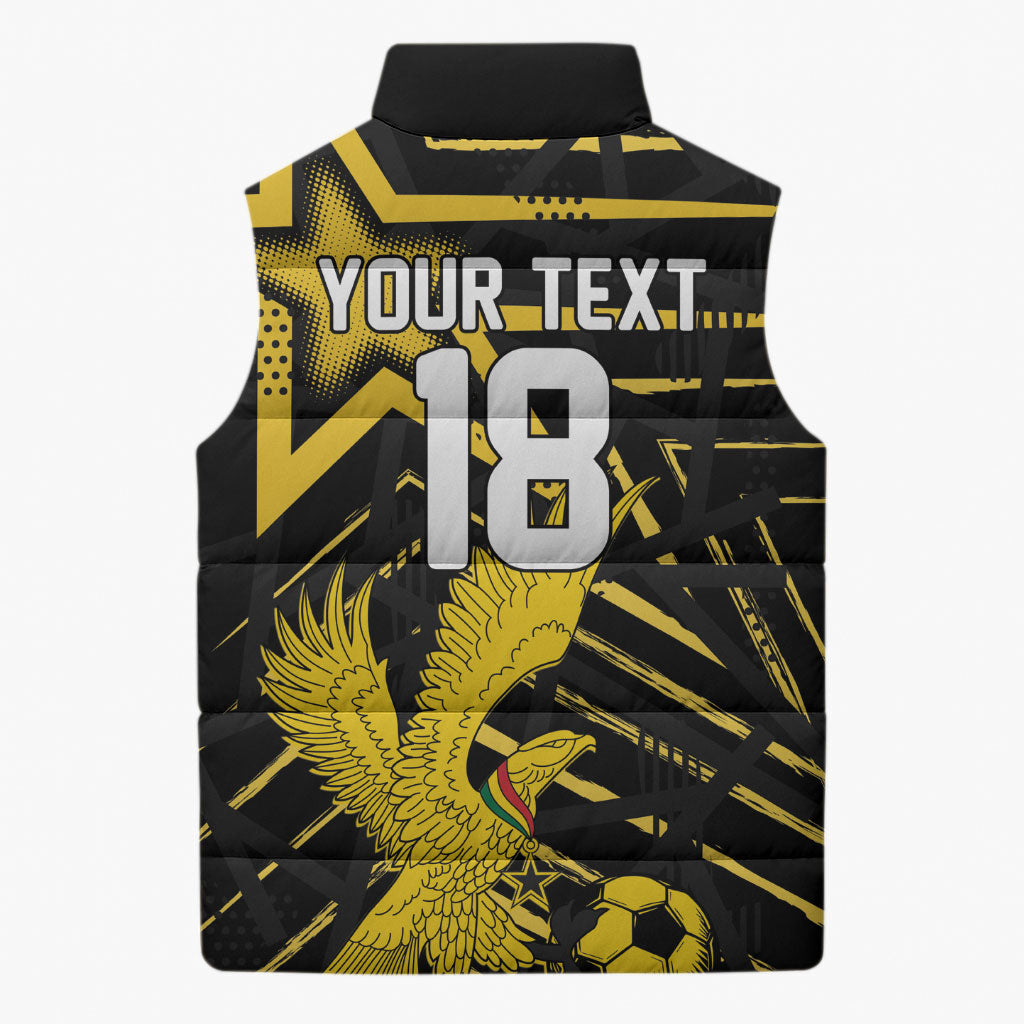Custom Ghana Football Sleeveless Puffer Jacket Golden Black Star Eagle Heritage