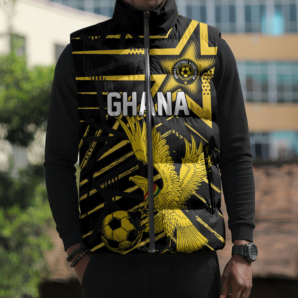 Custom Ghana Football Sleeveless Puffer Jacket Golden Black Star Eagle Heritage