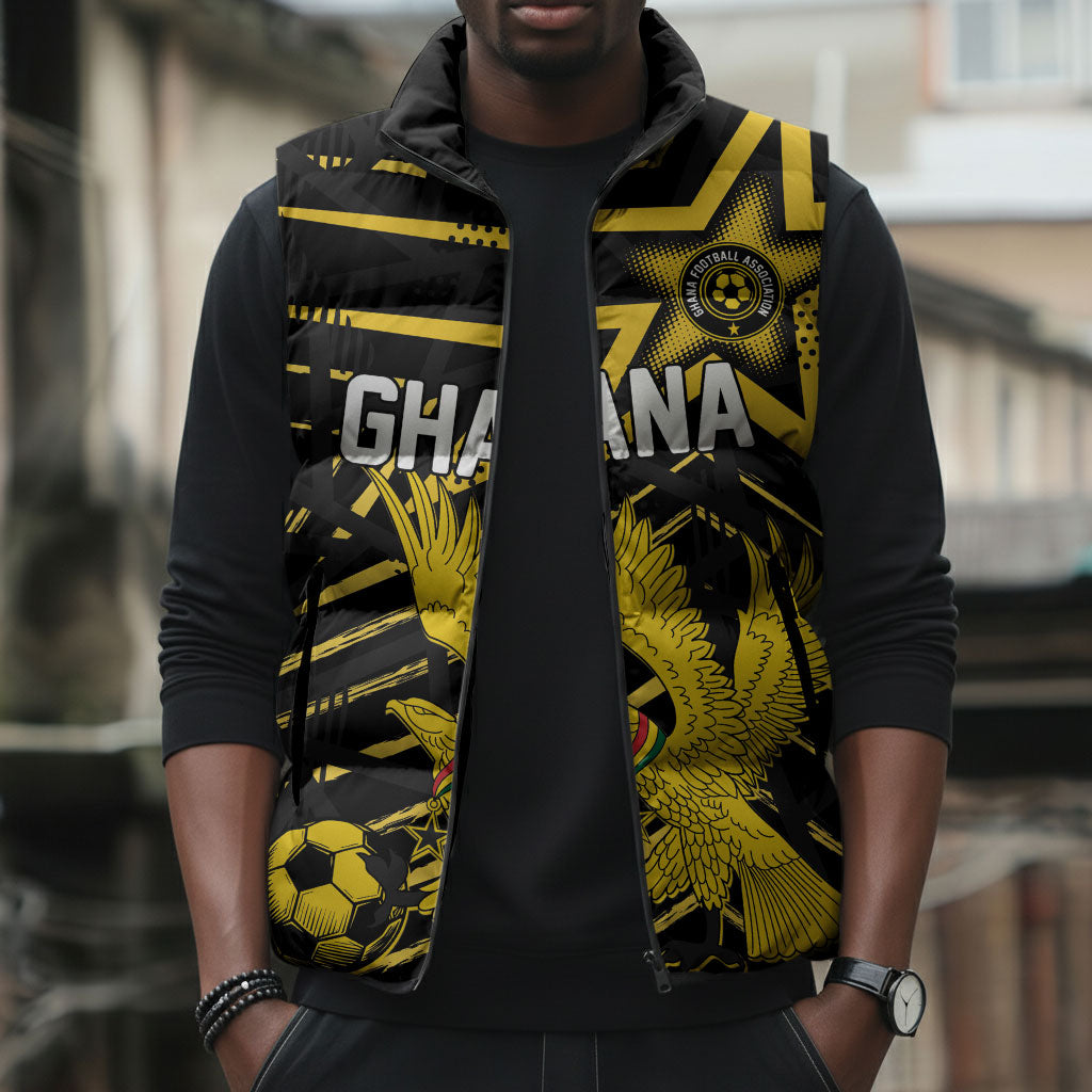 Custom Ghana Football Sleeveless Puffer Jacket Golden Black Star Eagle Heritage