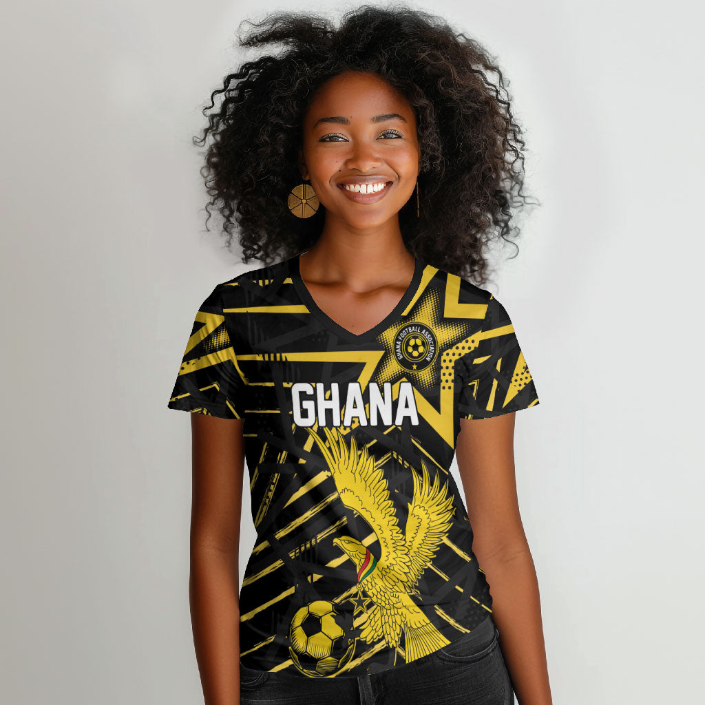 Custom Ghana Football Women V-Neck T-Shirt Golden Black Star Eagle Heritage