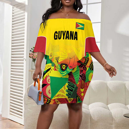 Custom Guyana Football Pride Off Shoulder Short Dress Golden Jaguars Go Champion - Yellow - African Pride