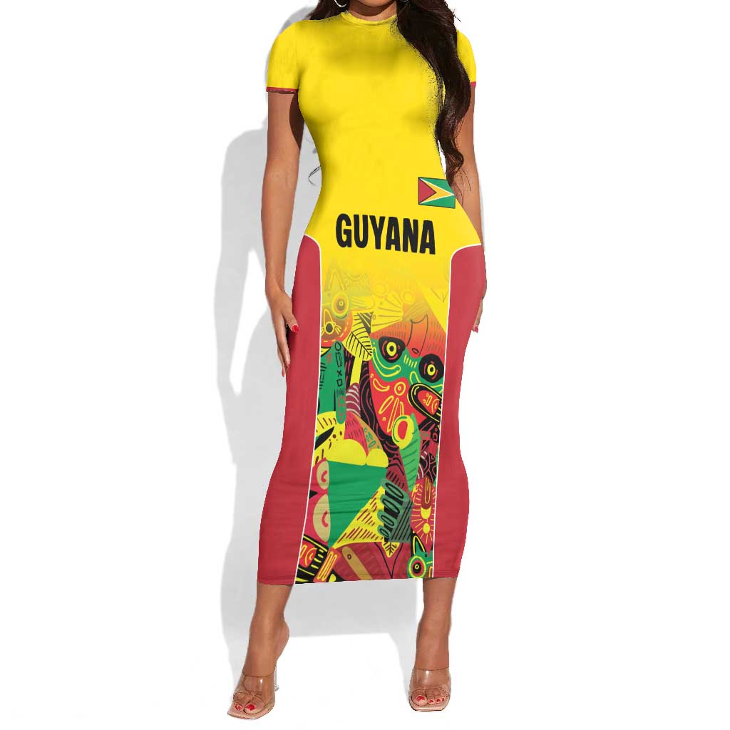 Custom Guyana Football Pride Short Sleeve Bodycon Dress Golden Jaguars Go Champion - Yellow - African Pride