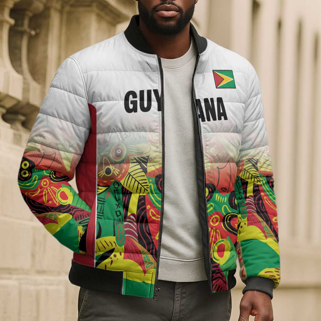 Custom Guyana Football Pride Bomber Puffer Jacket Golden Jaguars Go Champion - White