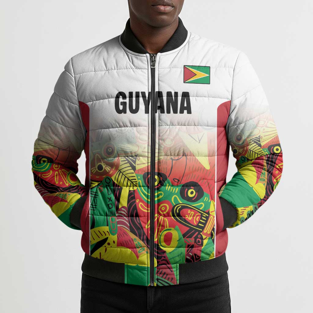 Custom Guyana Football Pride Bomber Puffer Jacket Golden Jaguars Go Champion - White