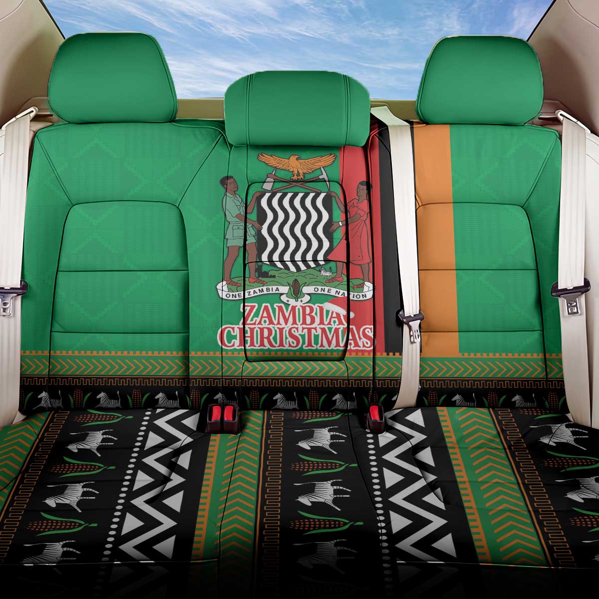 Afro Zambia Christmas Back Car Seat Cover Coat Of Arms With Kente Pattern