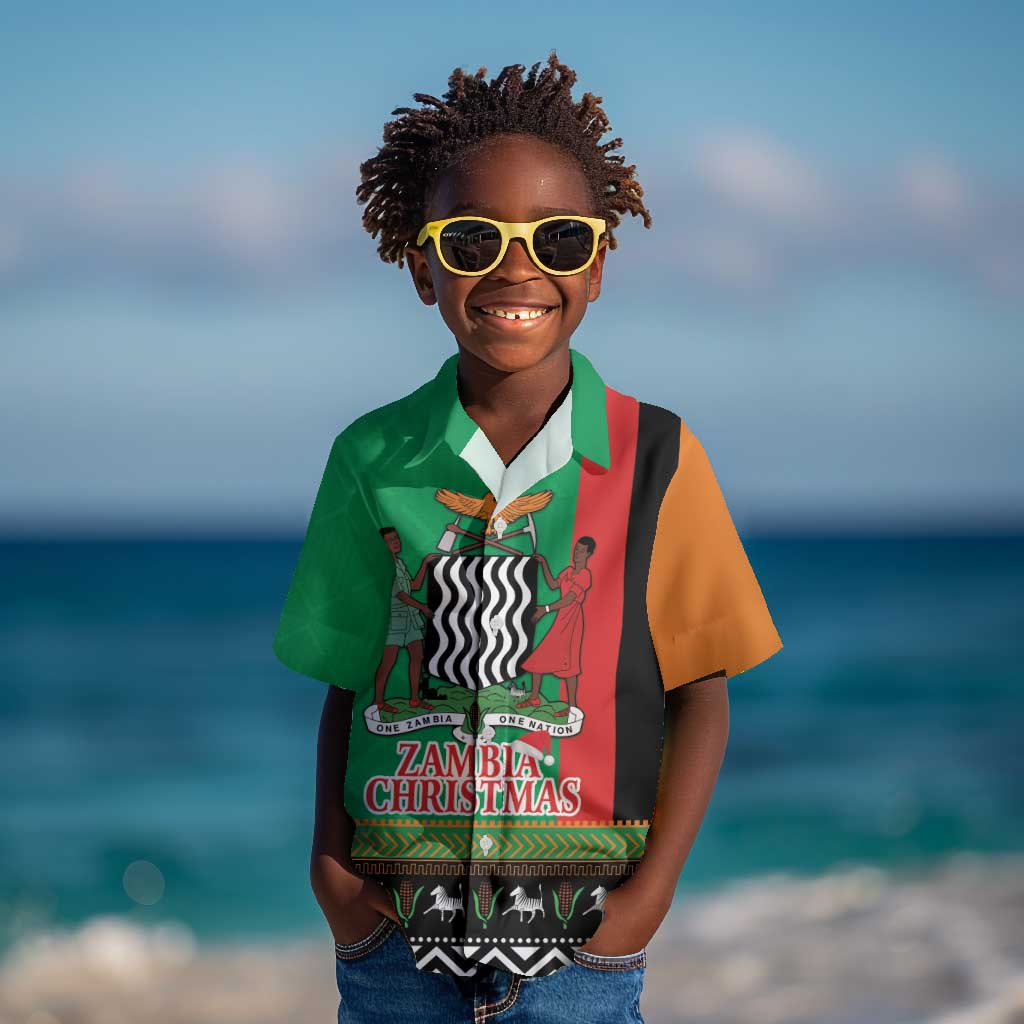 Afro Zambia Christmas Kid Hawaiian Shirt Coat Of Arms With Kente Pattern