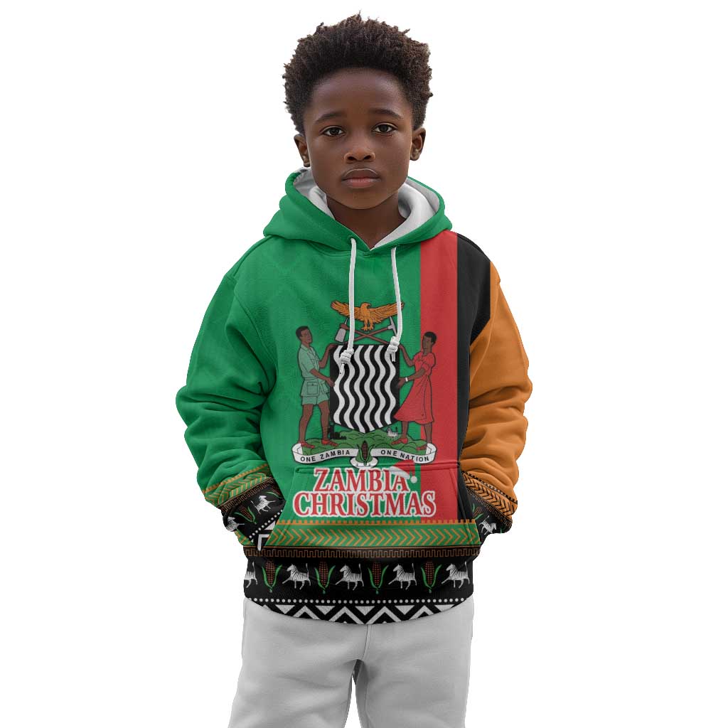 Afro Zambia Christmas Kid Hoodie Coat Of Arms With Kente Pattern