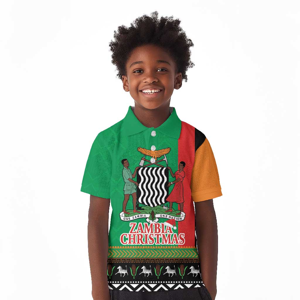 Afro Zambia Christmas Kid Polo Shirt Coat Of Arms With Kente Pattern