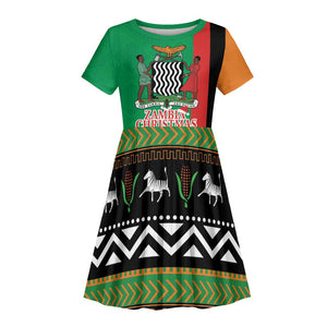 Afro Zambia Christmas Kid Short Sleeve Dress Coat Of Arms With Kente Pattern