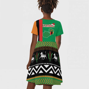 Afro Zambia Christmas Kid Short Sleeve Dress Coat Of Arms With Kente Pattern