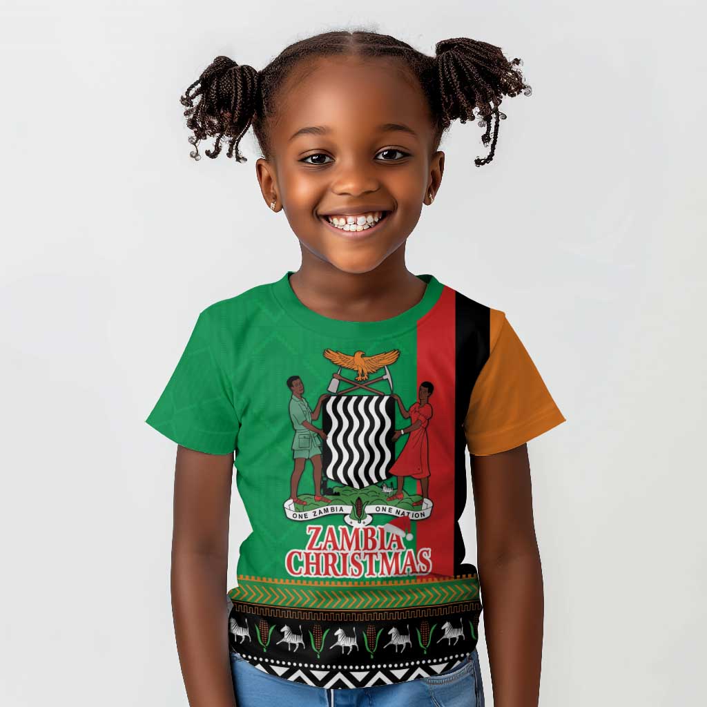 Afro Zambia Christmas Kid T shirt Coat Of Arms With Kente Pattern