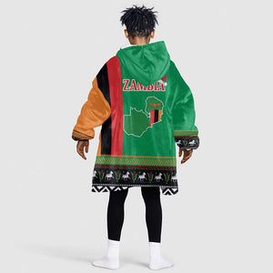 Afro Zambia Christmas Kid Wearable Blanket Hoodie Coat Of Arms With Kente Pattern