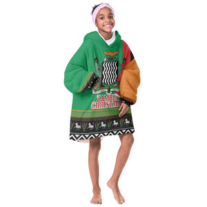 Afro Zambia Christmas Kid Wearable Blanket Hoodie Coat Of Arms With Kente Pattern