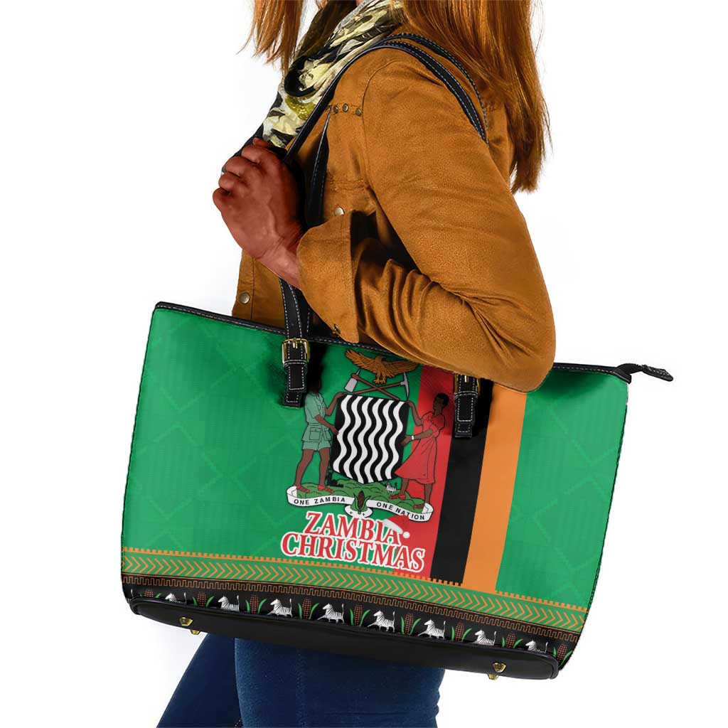 Afro Zambia Christmas Leather Tote Bag Coat Of Arms With Kente Pattern