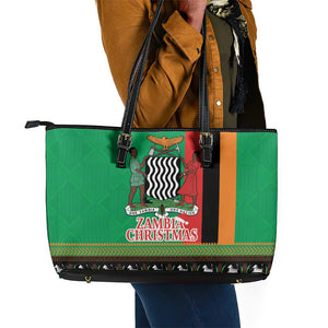 Afro Zambia Christmas Leather Tote Bag Coat Of Arms With Kente Pattern