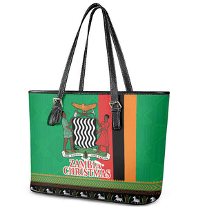 Afro Zambia Christmas Leather Tote Bag Coat Of Arms With Kente Pattern