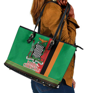 Afro Zambia Christmas Leather Tote Bag Coat Of Arms With Kente Pattern