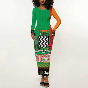 Afro Zambia Christmas Long Sleeve Bodycon Dress Coat Of Arms With Kente Pattern