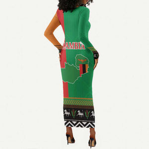 Afro Zambia Christmas Long Sleeve Bodycon Dress Coat Of Arms With Kente Pattern