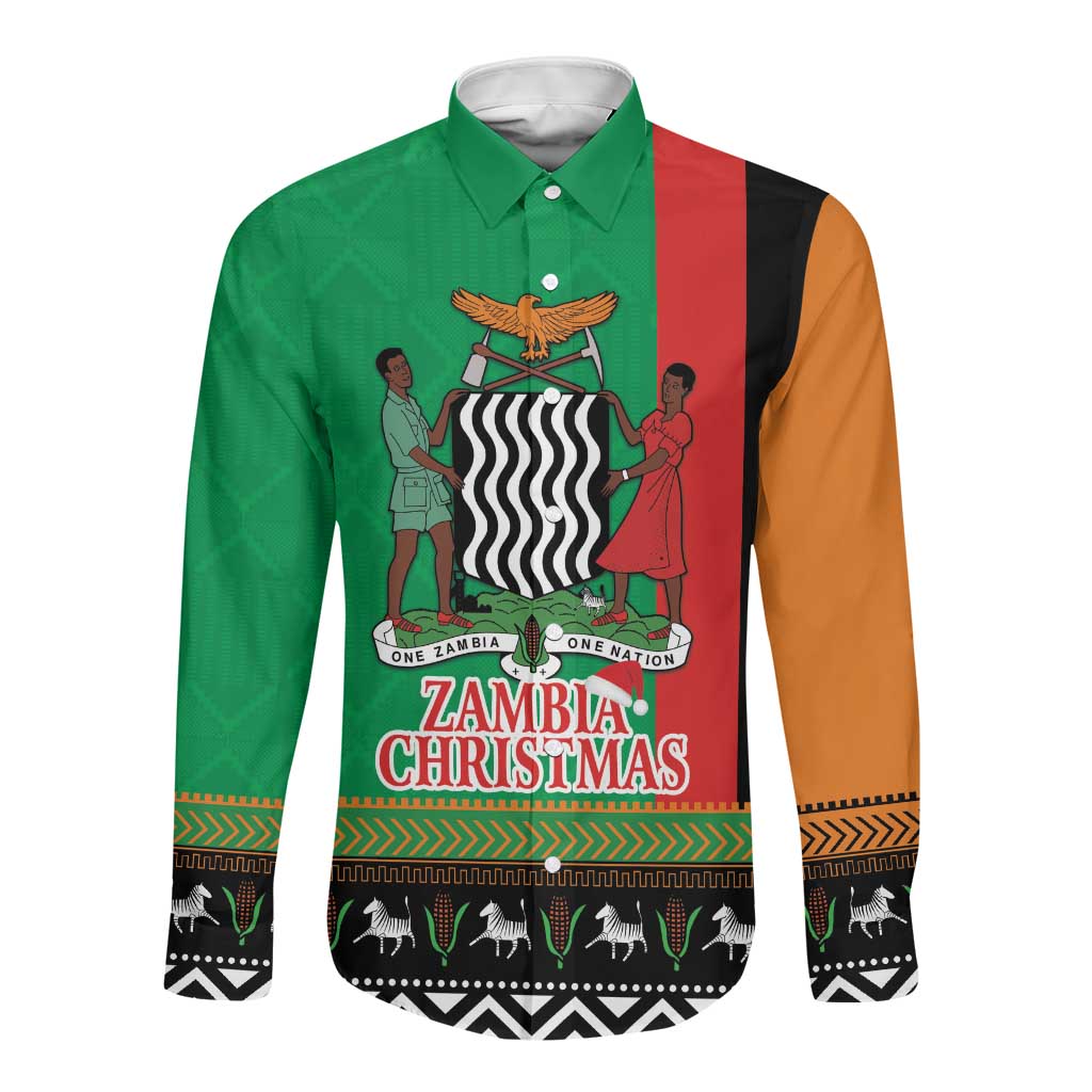 Afro Zambia Christmas Long Sleeve Button Shirt Coat Of Arms With Kente Pattern