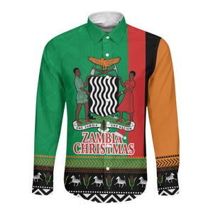 Afro Zambia Christmas Long Sleeve Button Shirt Coat Of Arms With Kente Pattern