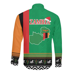 Afro Zambia Christmas Long Sleeve Button Shirt Coat Of Arms With Kente Pattern