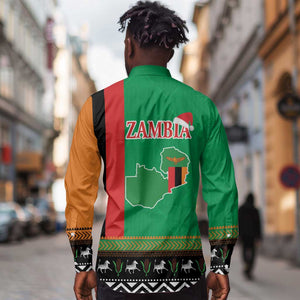 Afro Zambia Christmas Long Sleeve Button Shirt Coat Of Arms With Kente Pattern