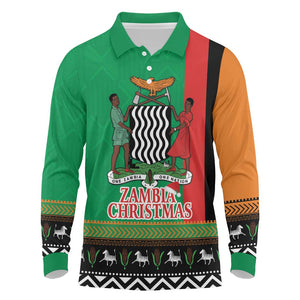 Afro Zambia Christmas Long Sleeve Polo Shirt Coat Of Arms With Kente Pattern