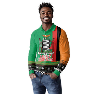 Afro Zambia Christmas Long Sleeve Polo Shirt Coat Of Arms With Kente Pattern