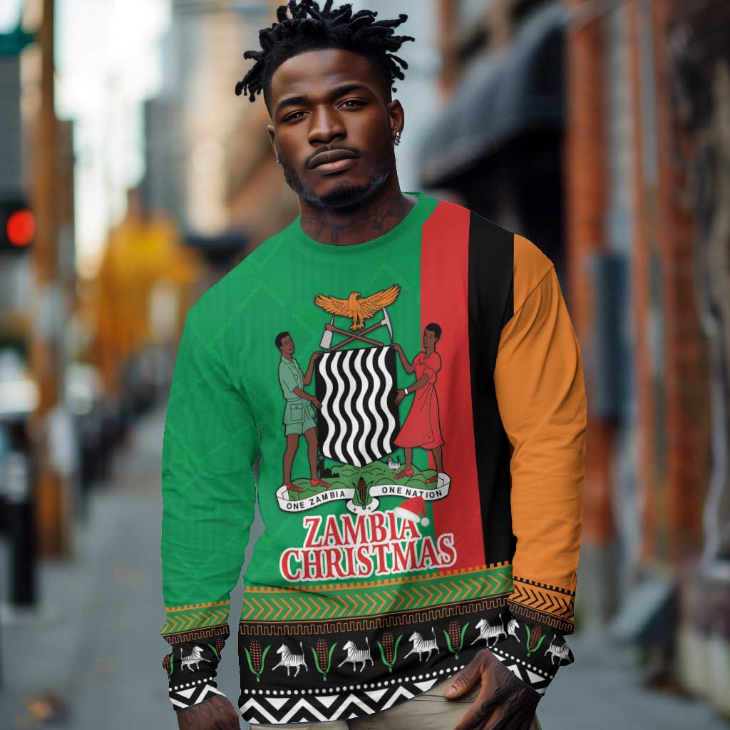 Afro Zambia Christmas Long Sleeve Shirt Coat Of Arms With Kente Pattern