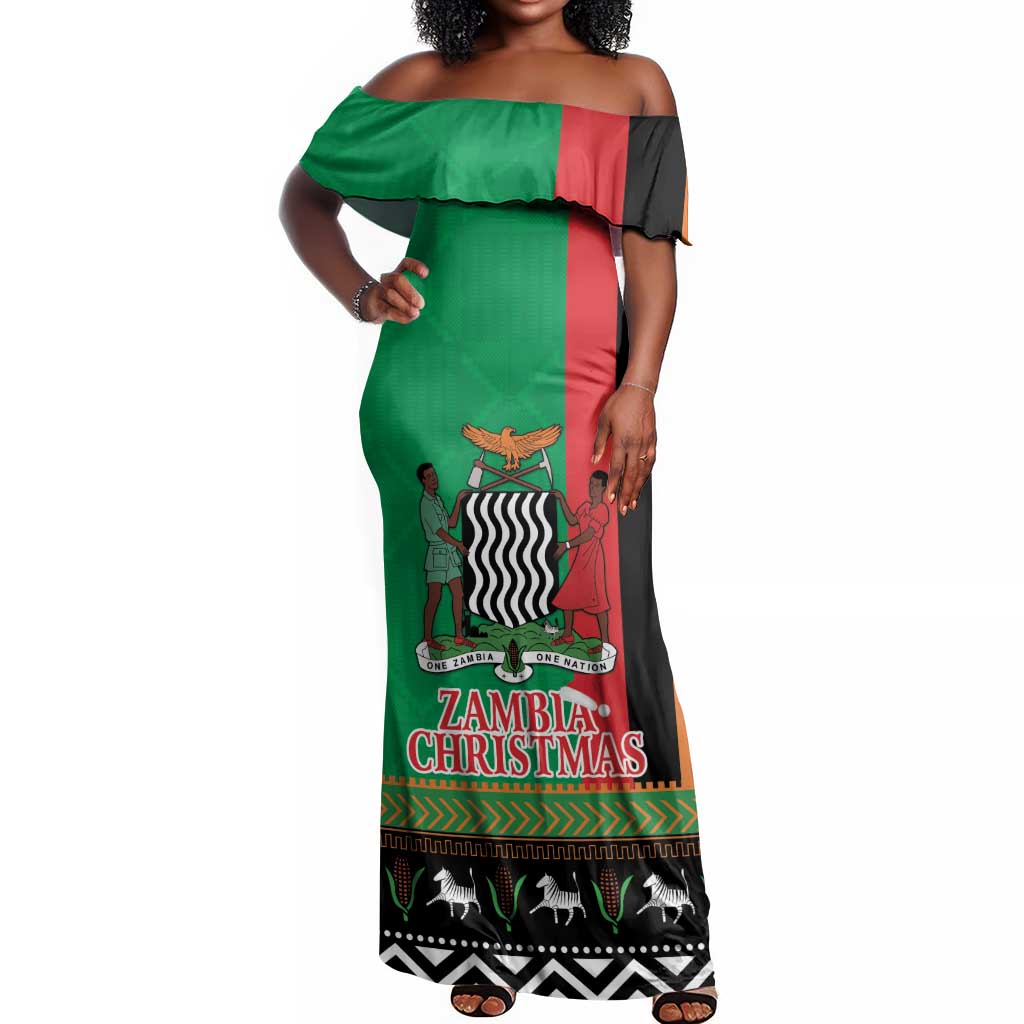 Afro Zambia Christmas Off Shoulder Maxi Dress Coat Of Arms With Kente Pattern