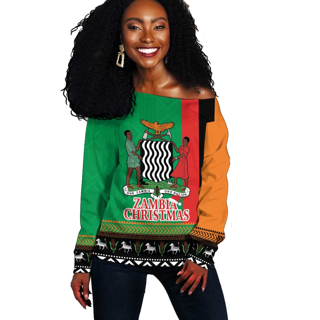 Afro Zambia Christmas Off Shoulder Sweater Coat Of Arms With Kente Pattern