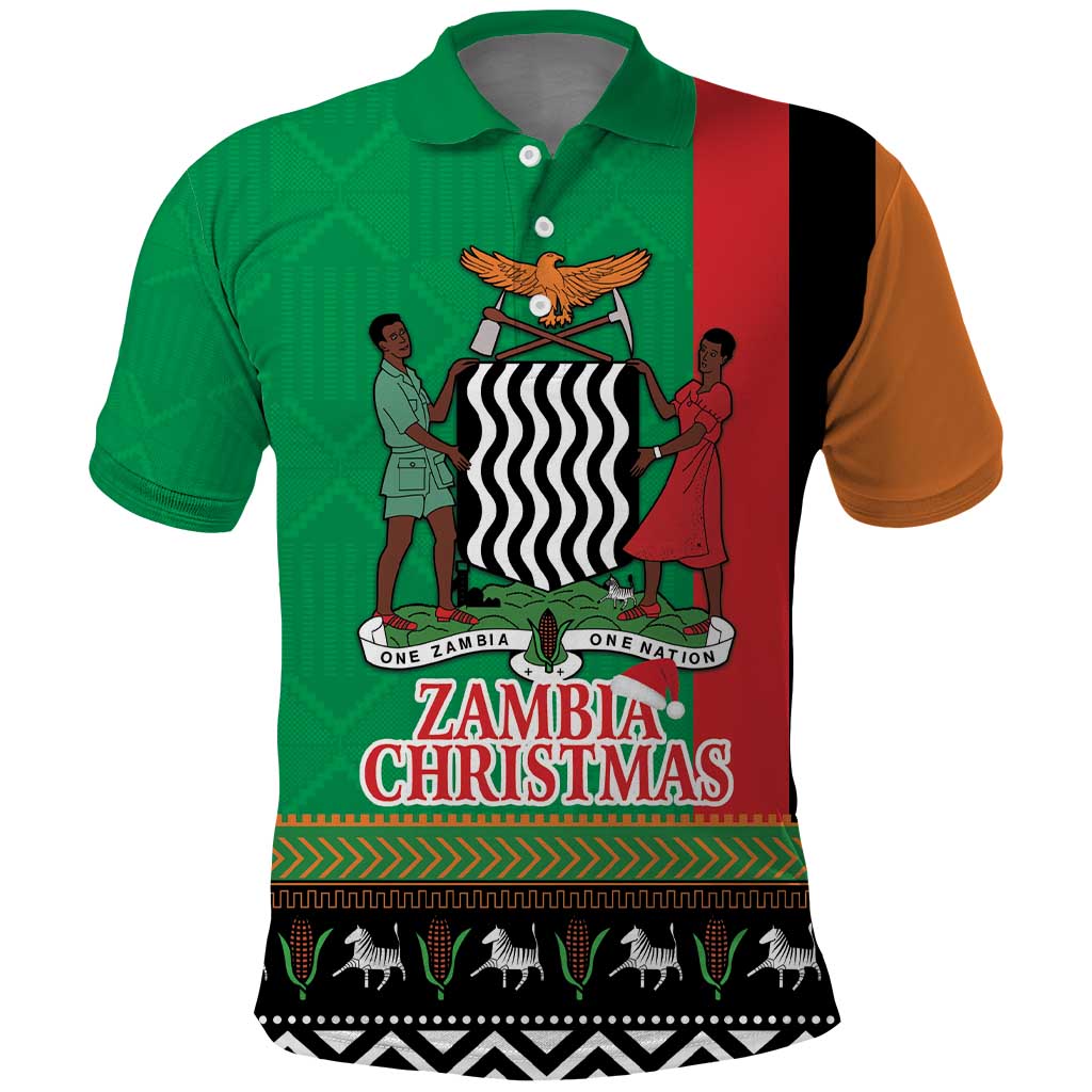 Afro Zambia Christmas Polo Shirt Coat Of Arms With Kente Pattern