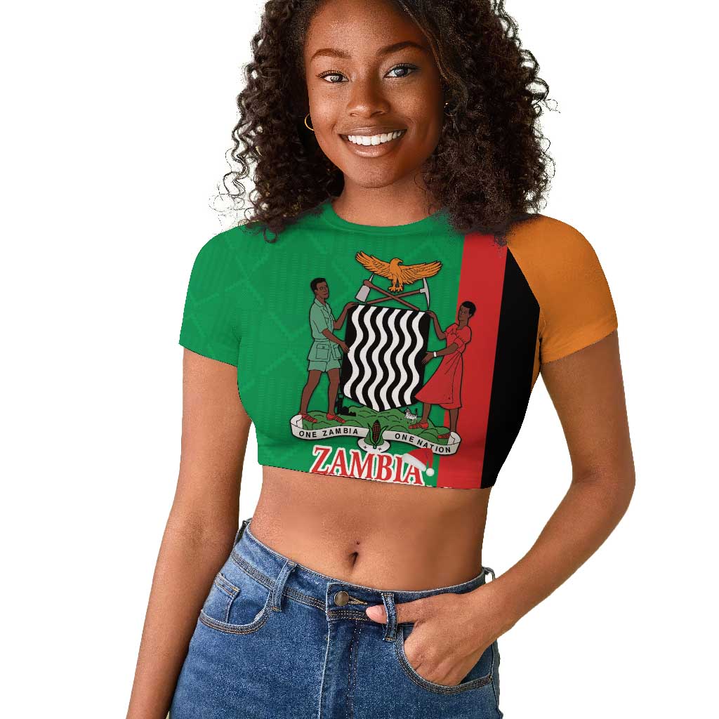 Afro Zambia Christmas Raglan Cropped T shirt Coat Of Arms With Kente Pattern